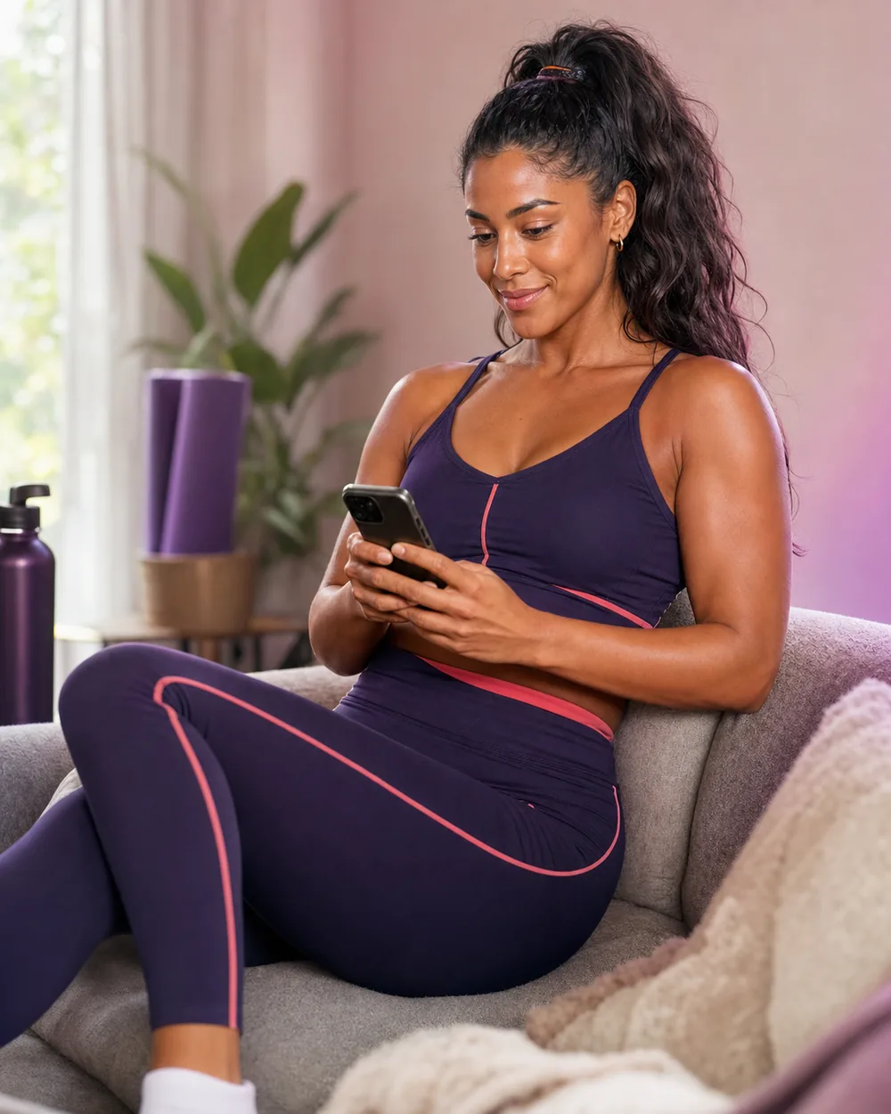 Modelo do Sabrina Fit acompanhando o programa pelo celular