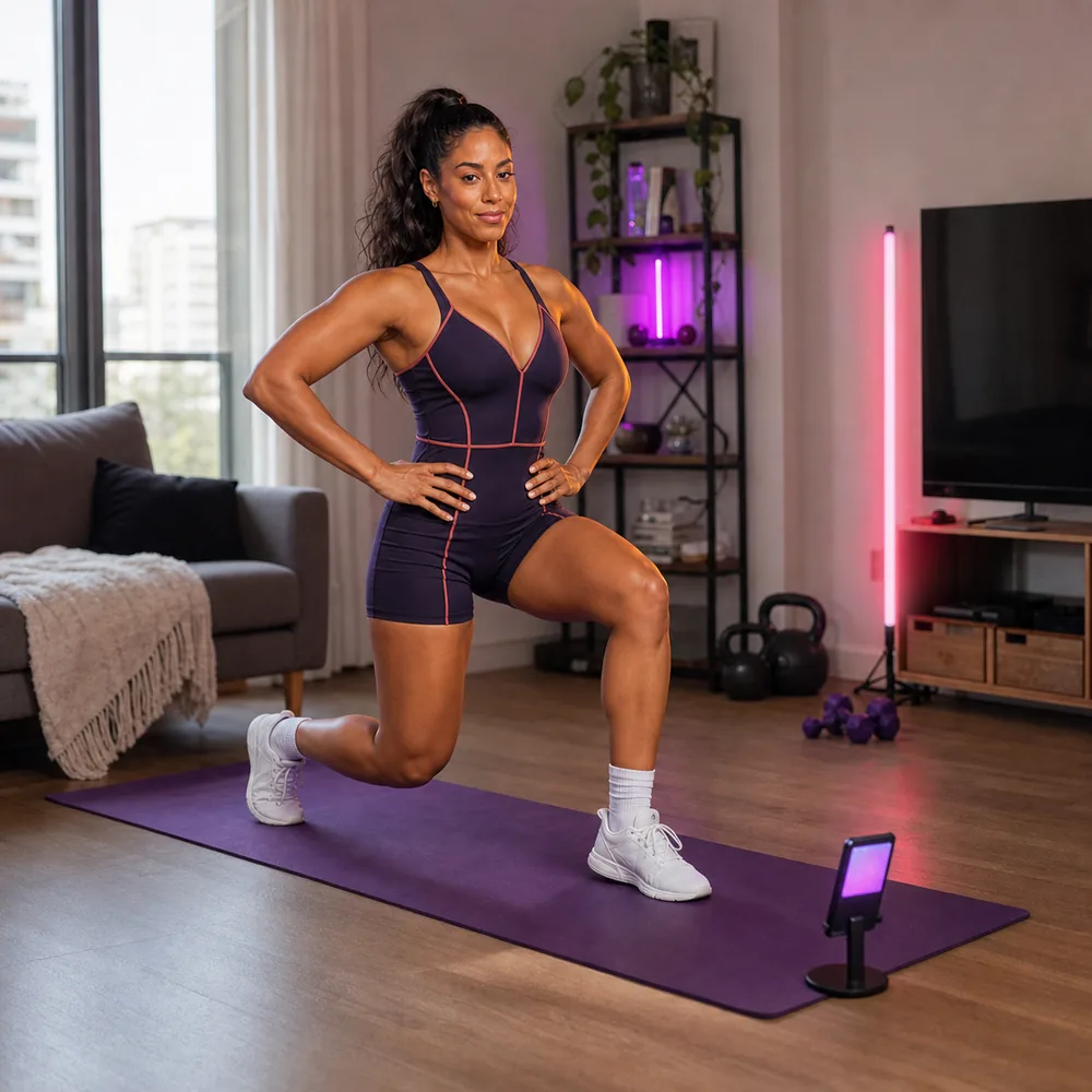 Modelo do Sabrina Fit treinando em casa com acompanhamento pelo celular